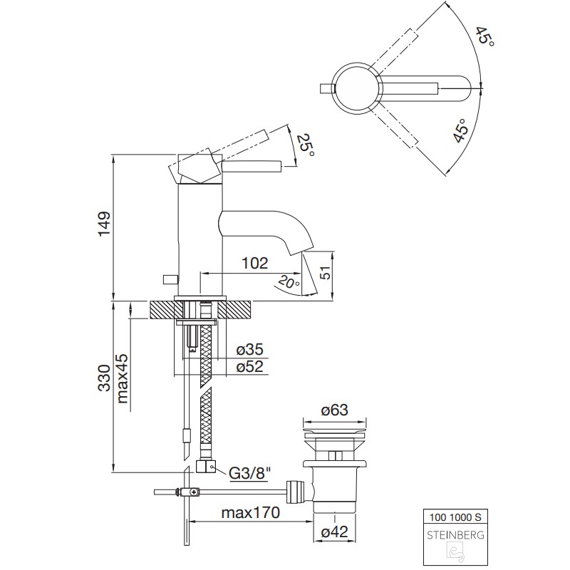 Steinberg Serie 100 S Waschtisch-Einhebelmischer mit Ablaufgarnitur, matt schwarz