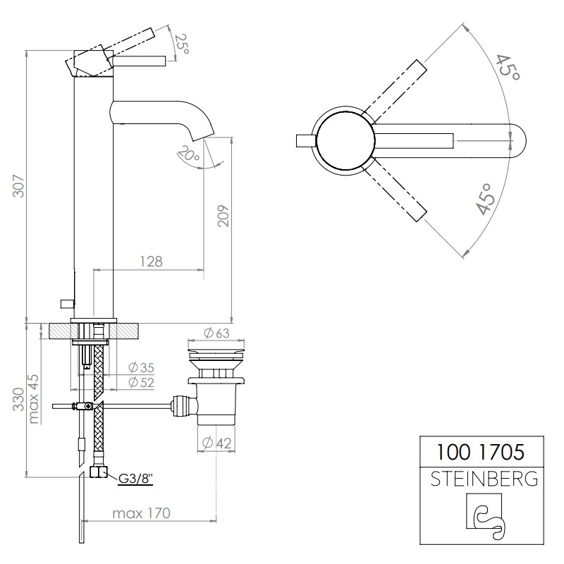 Steinberg Serie 100 Waschtisch-Einhebelmischer mit Ablaufgarnitur, Ausladung: 128 mm, chrom