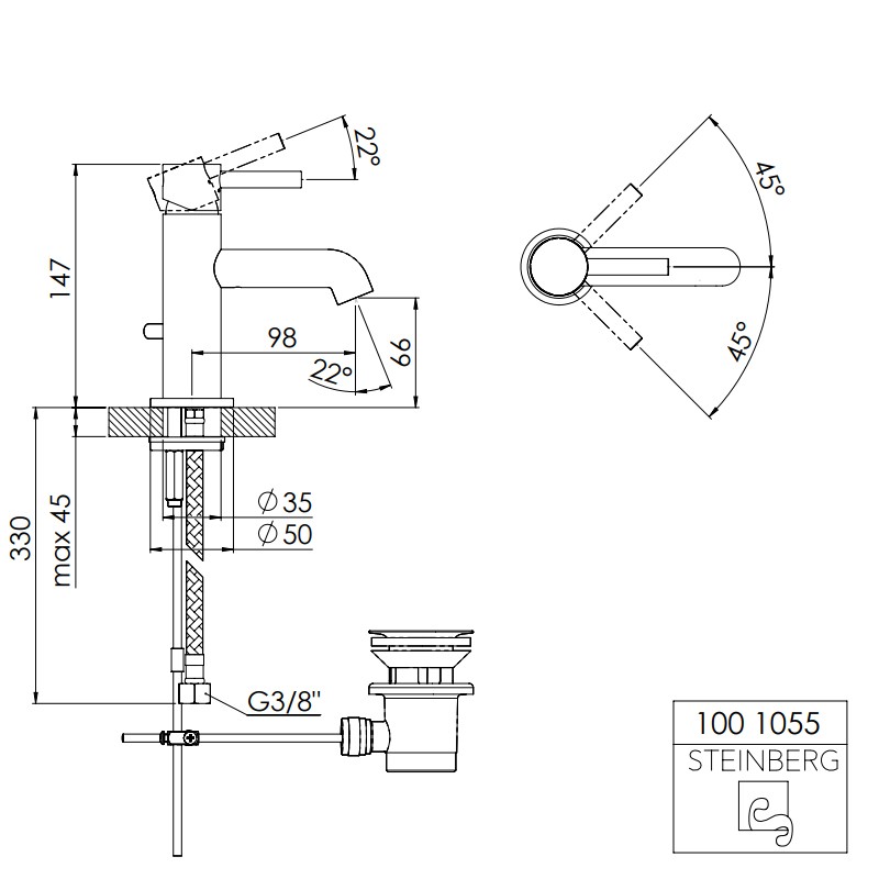 Steinberg Serie 100 Waschtisch-Einhebelmischer mit Ablaufgarnitur, chrom