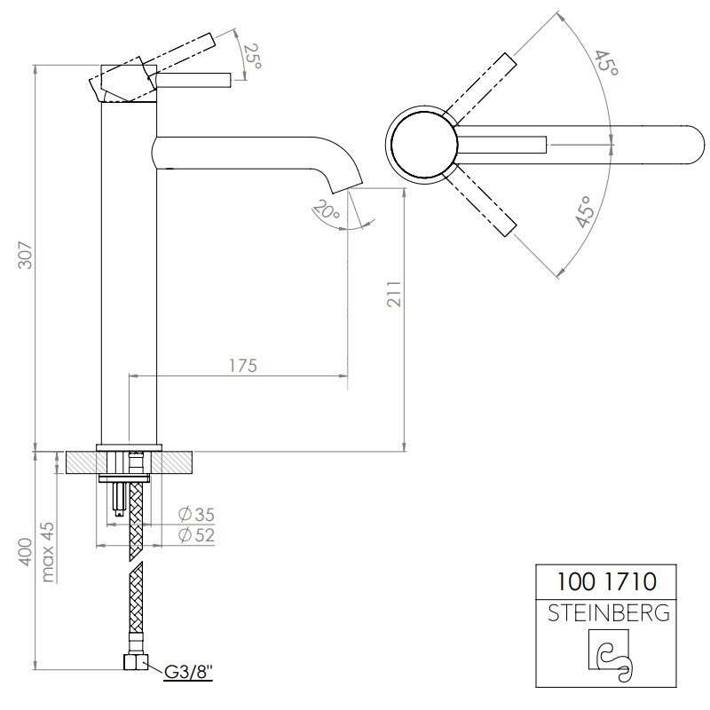 Steinberg Serie 100 Waschtisch-Einhebelmischer, ohne Ablaufgarnitur, Ausladung: 175 mm, chrom