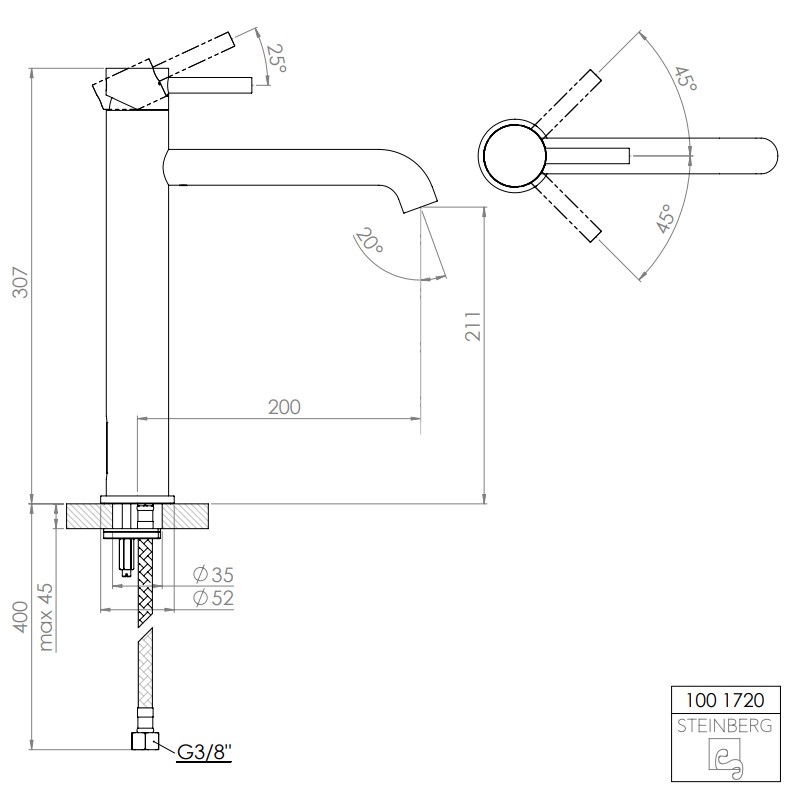 Steinberg Serie 100 Waschtisch-Einhebelmischer ohne Ablaufgarnitur, Ausladung: 200 mm, chrom
