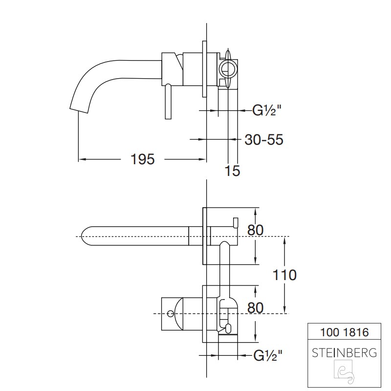 Steinberg Serie 100 Waschtisch-Wand-Einhebelmischer, Ausladung: 195 mm, chrom