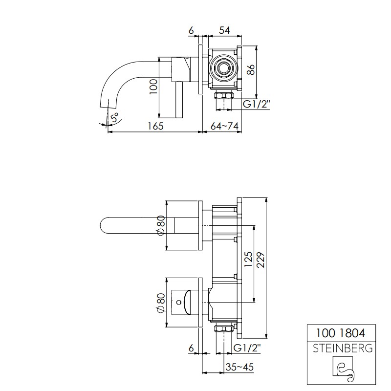 Steinberg Serie 100 Waschtisch-Wand-Einhebelmischer, Fertigmontageset, Ausladung: 165 mm, chrom