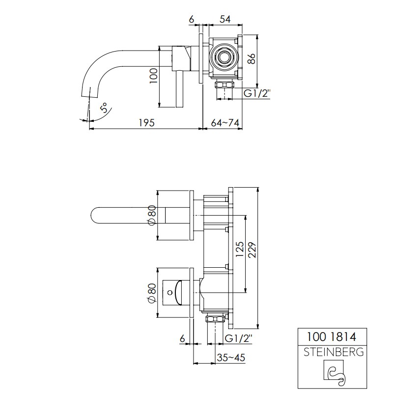 Steinberg Serie 100  Waschtisch-Wand-Einhebelmischer, Fertigmontageset, Ausladung: 195 mm, Chrom
