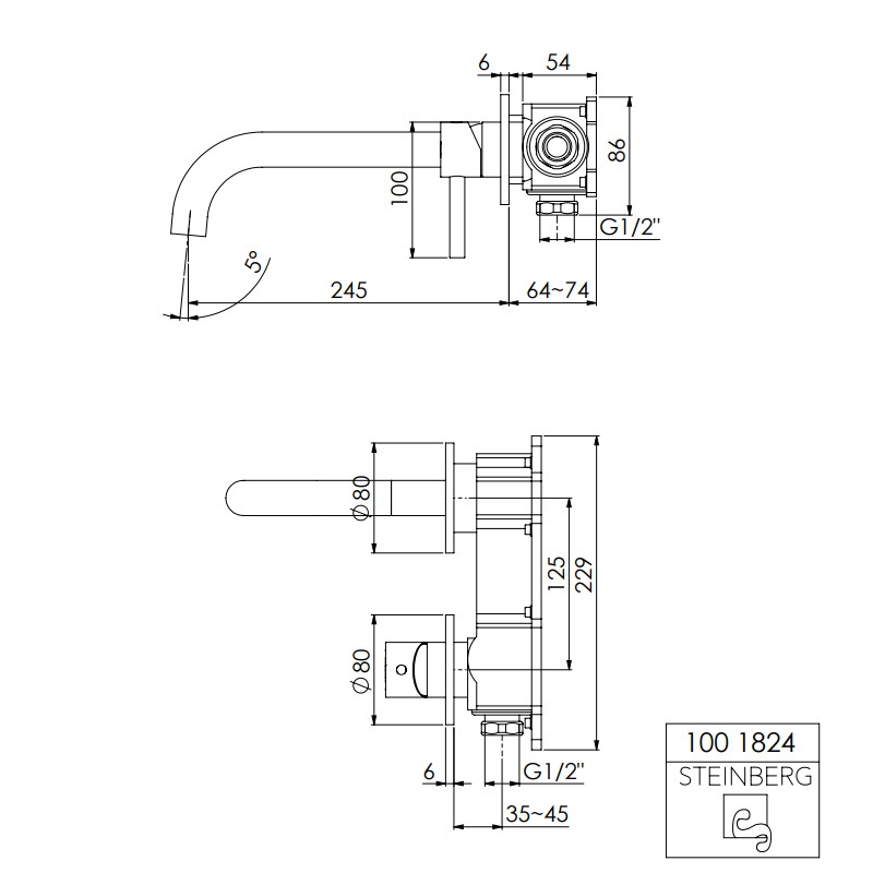 Steinberg Serie 100  Waschtisch-Wand-Einhebelmischer, Fertigmontageset, Ausladung: 245 mm, chrom