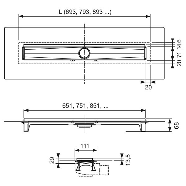 TECEdrainline-Evo Rinne mit WFA, 800 mm befestigte Seal System Dichtmanschette