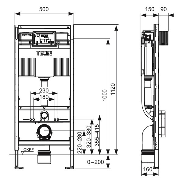 TCprofil WC-Modul mit Uni-Spülkasten und var. HV unteren Bauraums, BH 1120 mm