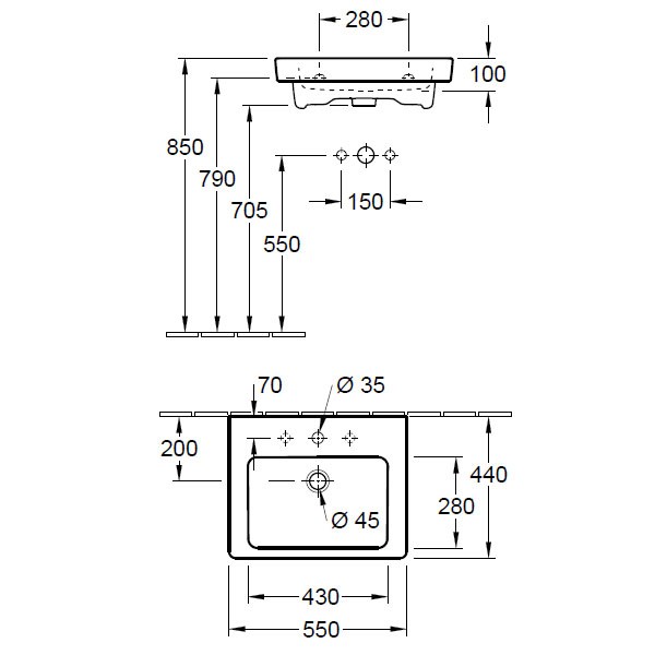 VB WT Subway2.0 711355 550x440mm 3-L Arm mittl HL durchgest Überl Eckig WeißAlpin