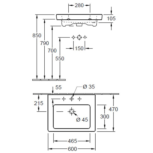 VB WT Subway2.0 711360 600x470mm 3-L Arm mittl HL durchgest Überl Eckig WeißAlpin