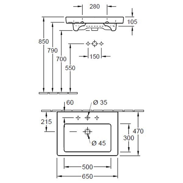 VB WT Subway2.0 711365 650x470mm 3-L Arm mittl HL durchgest Überl Eckig WeißAlpin
