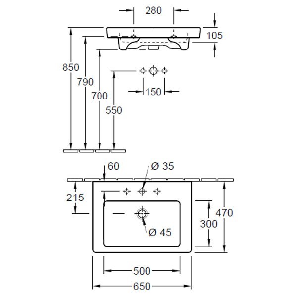 VB WT Subway2.0 711365 650x470mm 3-L Arm mittl HL durchg Überl Eckig WeißAlpin C+