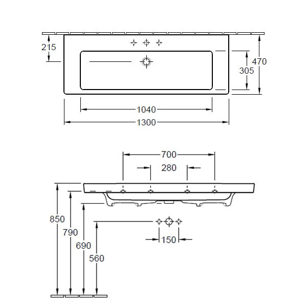 VB SWT Subway 2.0 7176 1300x470mm 3-LArm mittl HL durchg Überl Eckig WeißAlpin C+