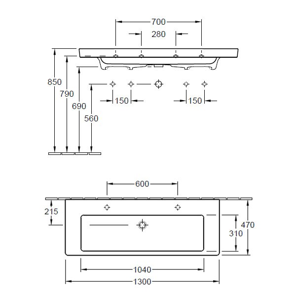 VB SWT Subway 2.0 7176 1300x470mm zwei 1-L Arm HL durchg Überl Eckig WeißAlpin