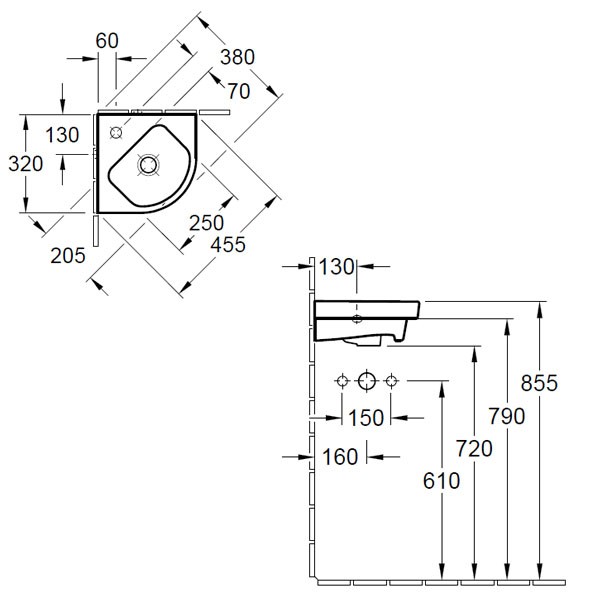 VB Eck-HWB Subway 2.0 7319 320mm 1-L Arm HL durchg Überl WeißAlpin C+