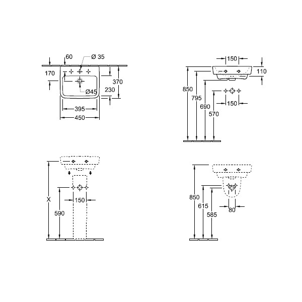 VB Handwaschbecken O.novo 434448 450x370mm Eckig Weiß Alpin