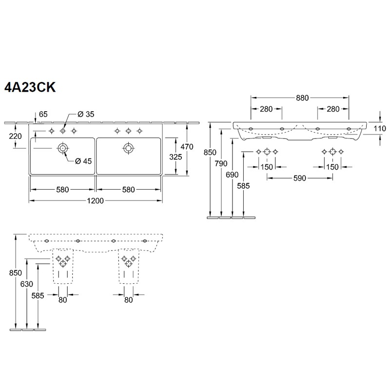 VB SDWT Avento 4A23 1200x470x160mm 2-3L Arm mittl HL m ÜL Eckig Weiß Alpin