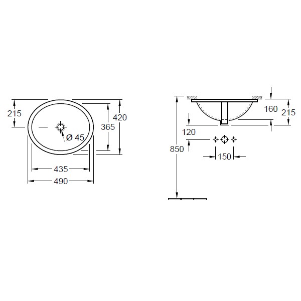 VB Unterbauwaschbecken O.novo 4A3143 435x365mm Oval Weiß Alpin