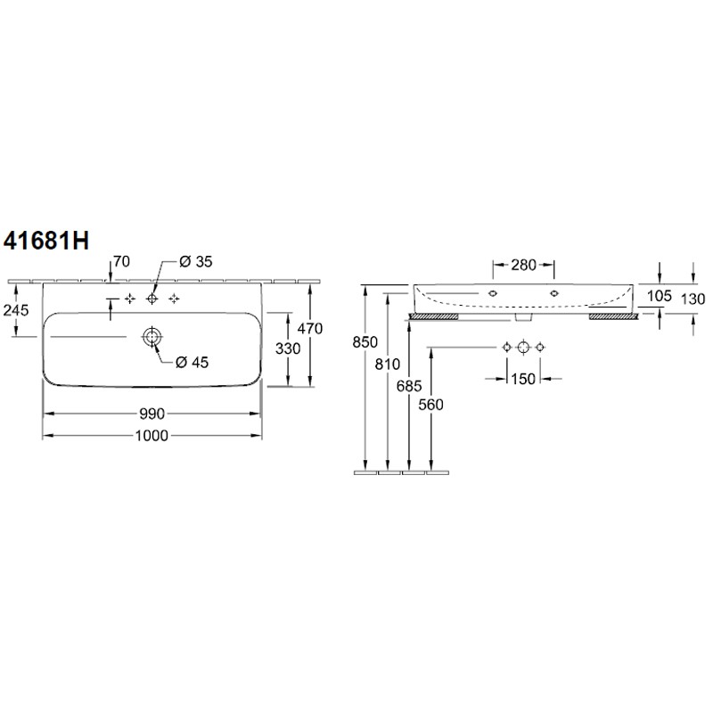 VB WT Finion 4168 1000x470mm 3L Arm mittl HL o ÜL Eckig geschl StoneWhiteC+