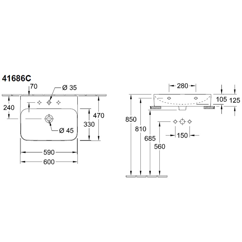 VB WT Finion 4168 600x470mm 3L Arm mittl HL verd ÜL Eckig geschl StoneWhiteC+