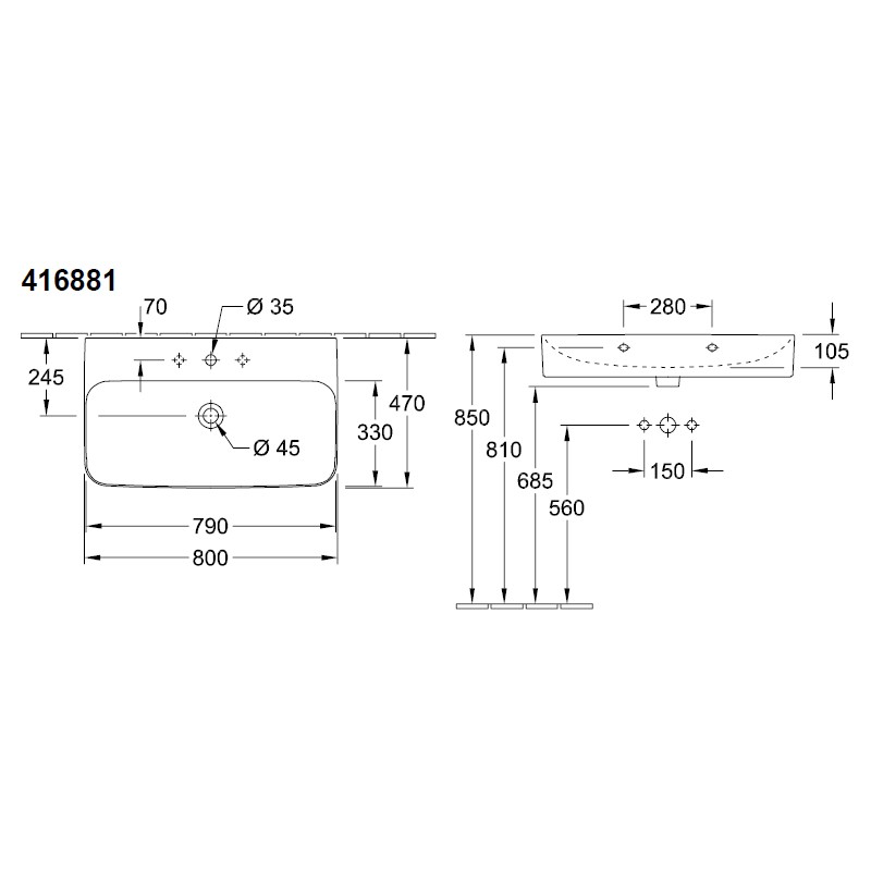 VB WT Finion 4168 800x470mm 3L Arm mittl HL durchgest o ÜL Eckig Stone White C+