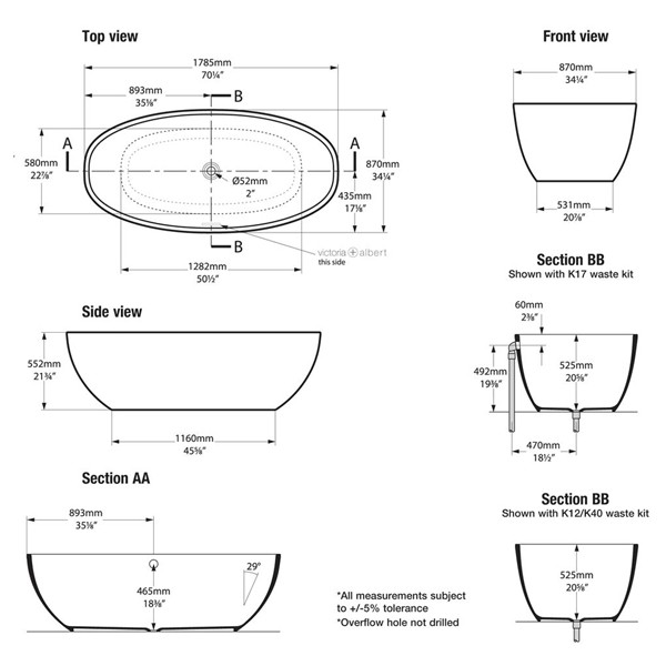 Victoria & Albert Badewanne Barcelona L: 1785mm  B: 870mm  H: 554mm  T: 526mm
