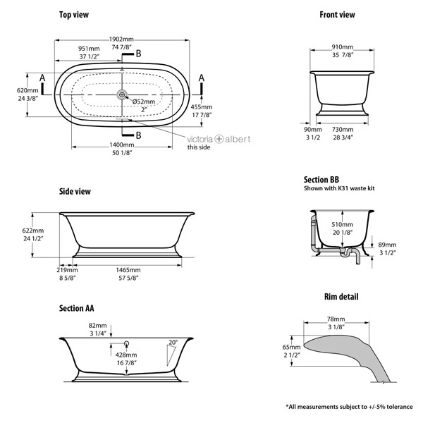 Victoria & Albert, Elwick Badewanne mit Sockel