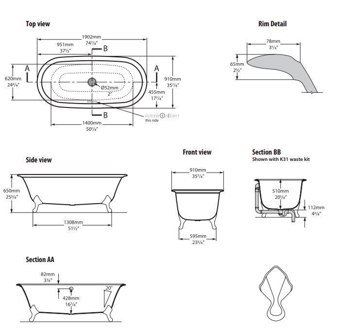 Victoria & Albert Radfort Badewanne Lackiert mit Füßen inMetall weiß