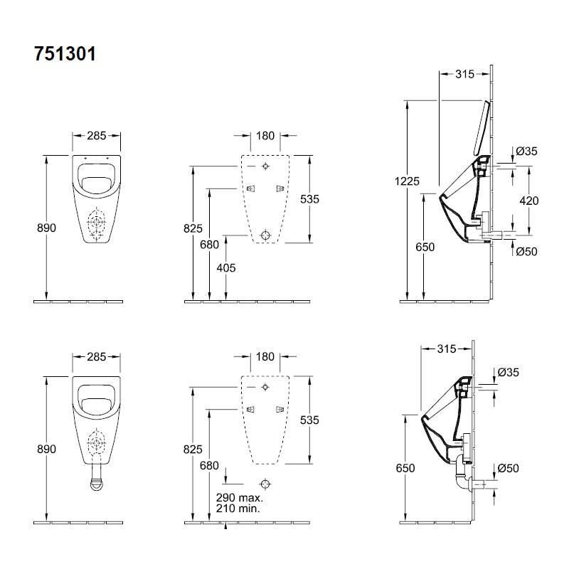 Villeroy & Boch Absaug-Urinal Subway 751301 285x535x 315mm Ausführung für Deckelnutzung Weiß Alpin CeramicPlus