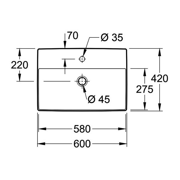VB AWT Memento 2.0 4A07 600x420mm mittl HL durchgest m ÜL Eckig Weiß Alpin