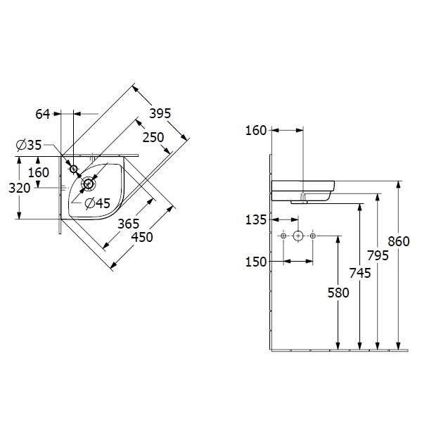 VB Eck-Handwaschbecken Subway 3.0 320x320mm VK 1HL. o. ÜL. Weiß Alpin