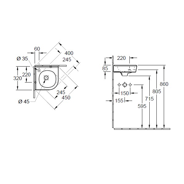 VB Eck-HWB O.novo 7310 320mm Schenkll f 1-L Arm,HL durchgest m ÜL Weiß Alpin