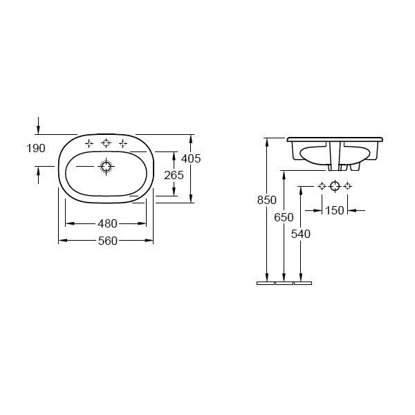 VB EWT O.novo 4161 560x405mm 3-L Arm mittl HL durchg Überl Oval WeißAlpin C+