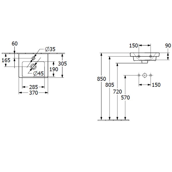 VB Handwaschbecken Subway 3.0 370x305mm re-eckig 1HL. m. ÜL. Weiß Alpin cplus