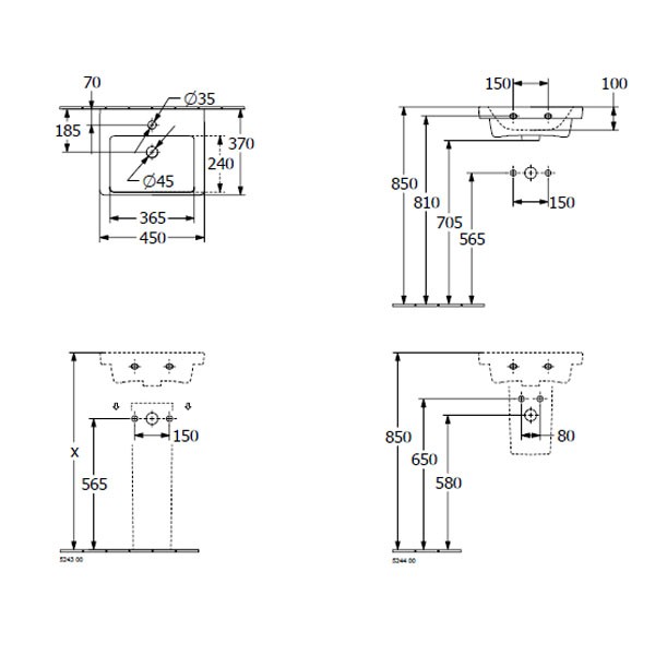 VB HWB Subway 3.0 46 450x370mm re-eckig 1HL. o. ÜL. Weiß Alpin cplus