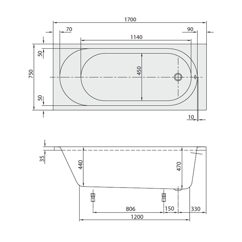 Villeroy & Boch O.novo 1700x750 Solo Rechteck Badewanne UBA170CAS2V-01