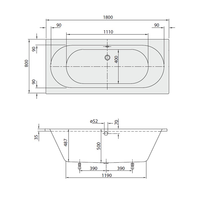 Villeroy & Boch O.novo 1800x800 Duo Rechteck Badewanne UBA180CAS2V-01