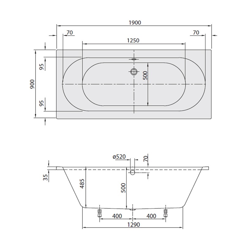 Villeroy & Boch O.novo 1900x900 Duo Rechteck Badewanne UBA190CAS2V-01