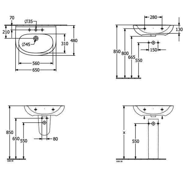 VB Waschbecken O.novo 650x480mm Oval 1HL. ohne Überlauf Weiß Alpin