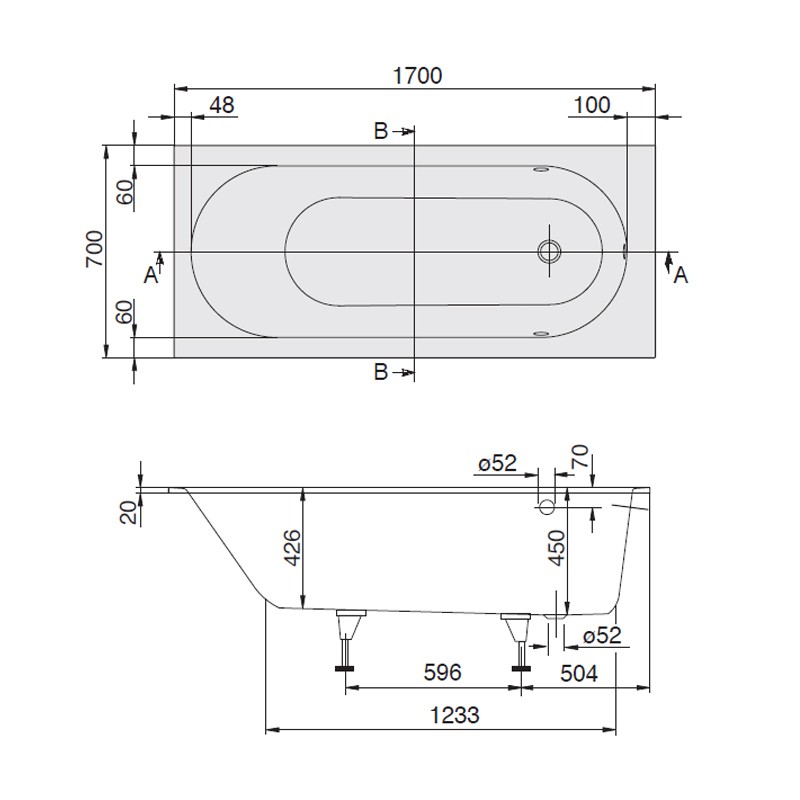 Villeroy & Boch Oberon 1700x700 Solo Rechteck Badewanne UBQ177OBE2V-01