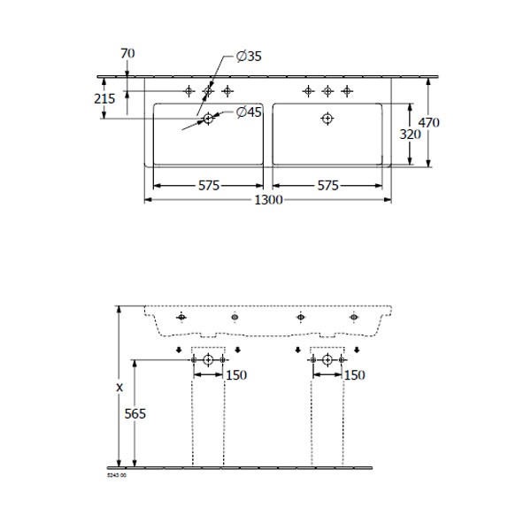 VB SchrankDWT Subway 3.0 1300x470mm re-eckig 2HL. m. ÜL. Weiß Alpin