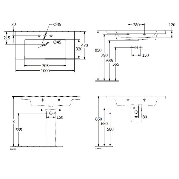 VB Schrankwaschtisch Subway 3.0 1000x 470mm re-eckig o. ÜL. Weiß Alpin cplus