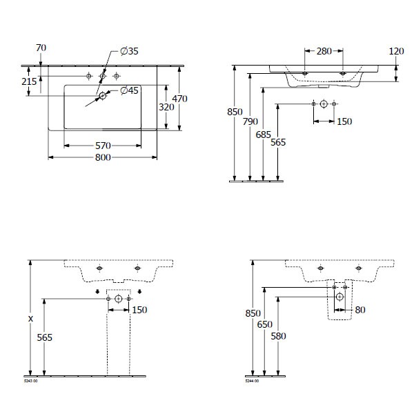 VB Schrankwaschtisch Subway 3.0 800x470 mm Rechteck 1HL. o. Überlauf Weiß Alpin