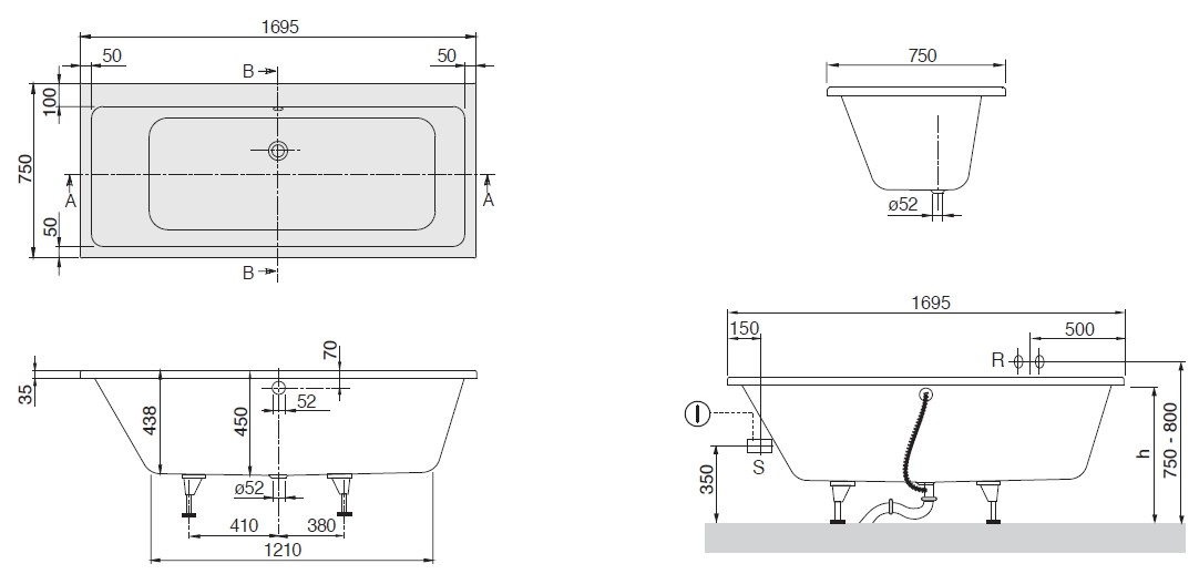 Villeroy & Boch Subway 1700x750 Duo Badewanne UBA170SUB2V-01