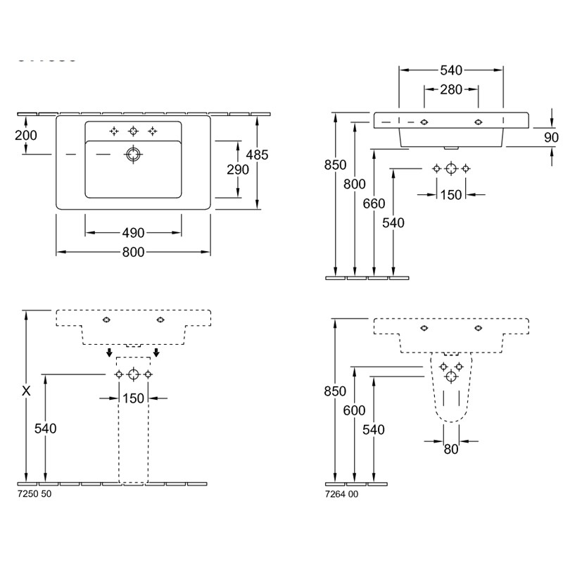 Villeroy & Boch SWT Architectura 6116 800x485mm 3LArm mittl HL durchg Überl Eckig WeißAlpin C+