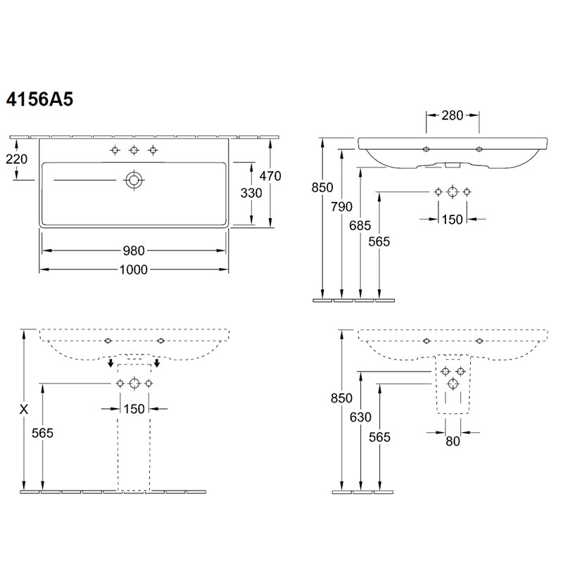 Villeroy & Boch SWT Avento 4156 1000x470mm 3-L Arm mittl HL durchg Überl Eckig WeißAlpin C+