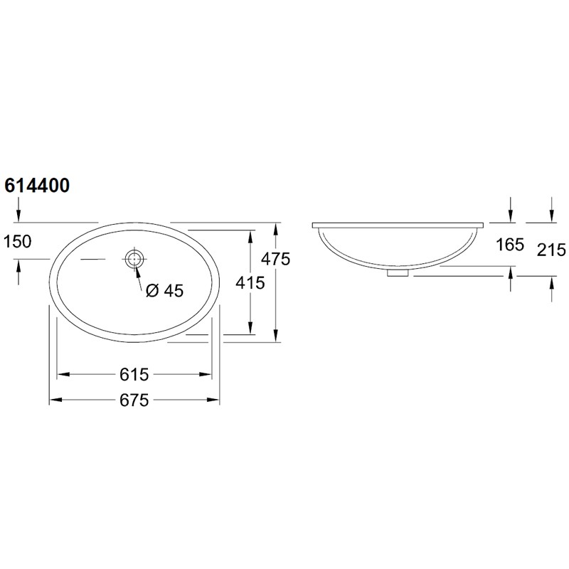 Villeroy & Boch UWT Evana 6144 615x415mm ohne HLbank Überl Oval Außenseite glasiert WeißAlpin