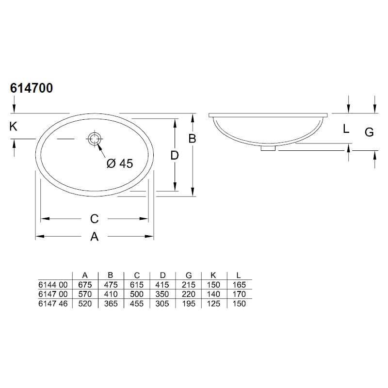 Villeroy & Boch UWT Evana 6147 500x350mm ohne HLbank Überl Oval Außenseite glasiert WeißAlpin