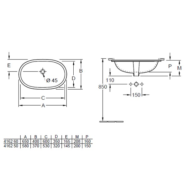 VB UWT O.novo 4162 600x350mm ohne HLbank Überl Oval Weiß Alpin