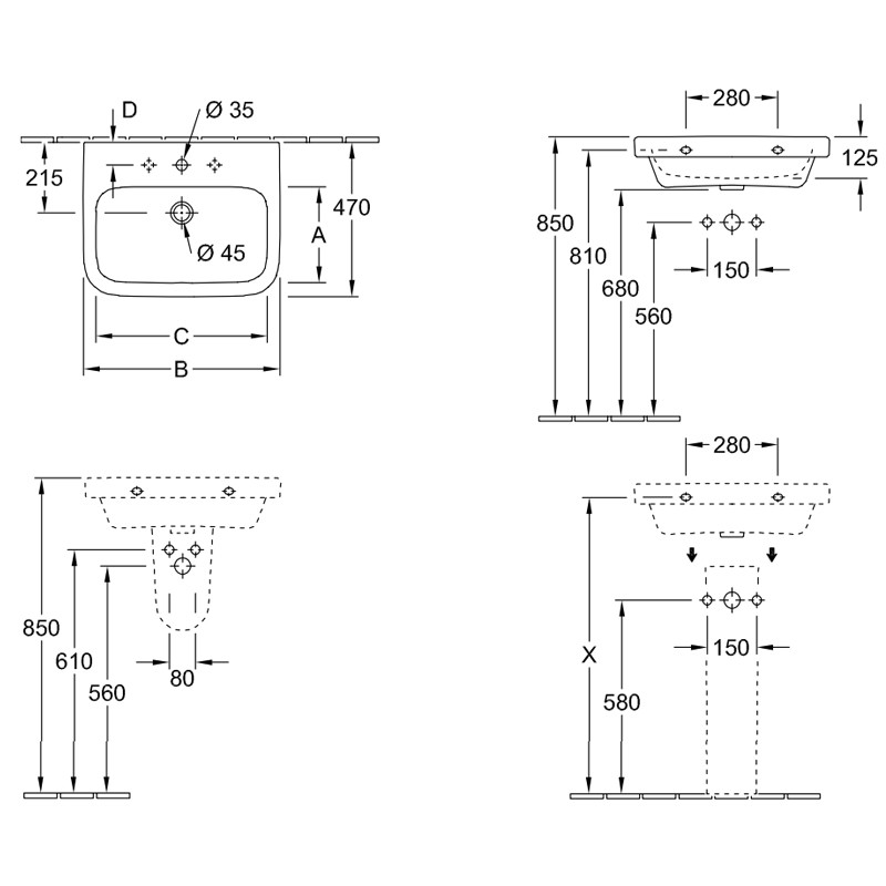 Villeroy & Boch WT Architectura 4188 650x470mm 3-LArm mittl HL durchg o Überl Eckig WeißAlpin