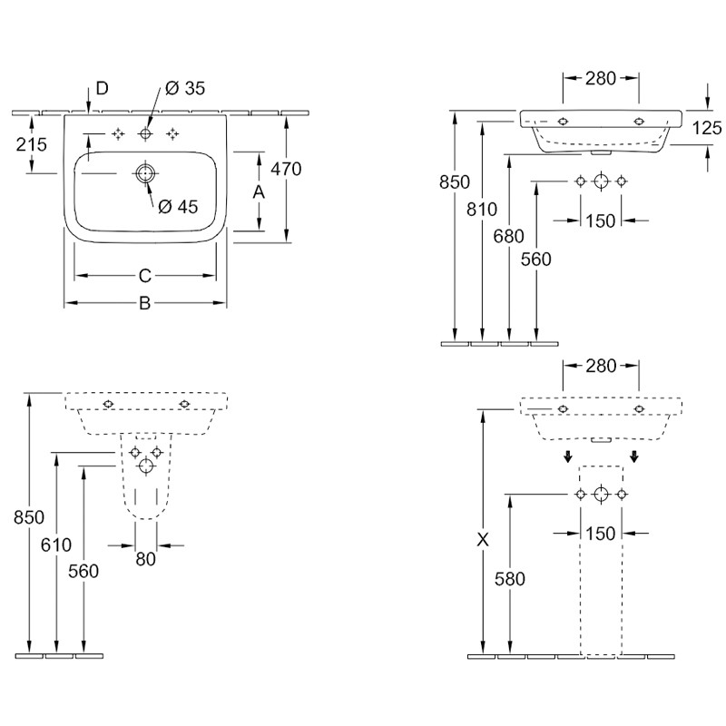 Villeroy & Boch WT Architectura 4188 650x470mm 3-LArm mittl HL durchg Überl Eckig WeißAlpin C+